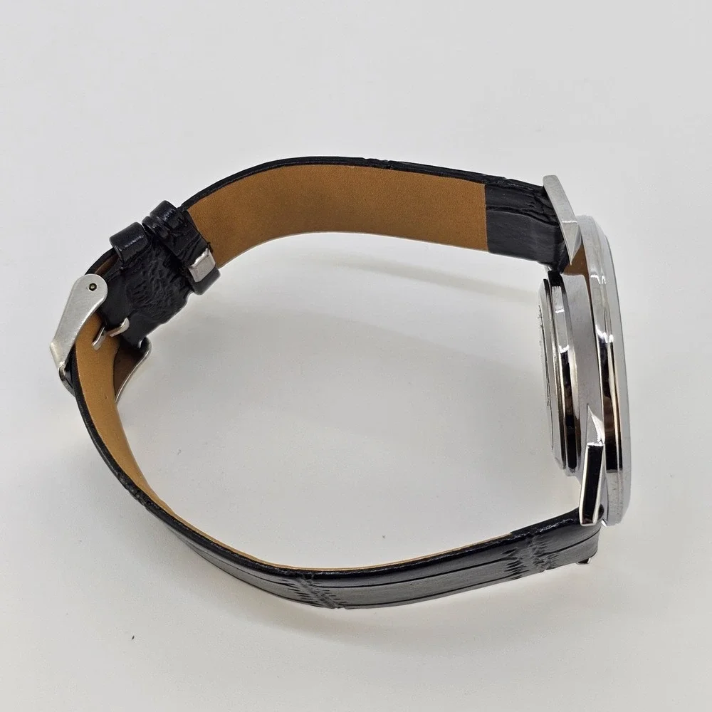 42MM Men's Watch‎ Roman Numerals Tan Dial Black Leather Bands New Battery